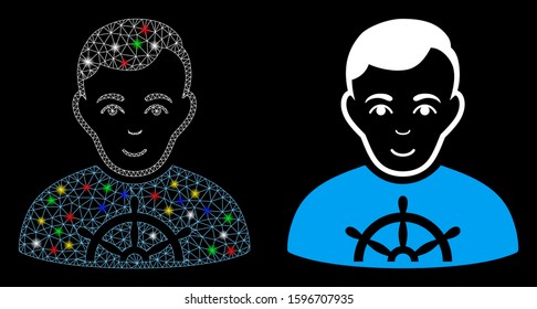 Flare mesh captain icon with sparkle effect. Abstract illuminated model of captain. Shiny wire frame triangular mesh captain icon. Vector abstraction on a black background.
