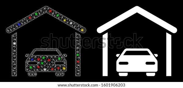Flare mesh car
garage icon with glare effect. Abstract illuminated model of car
garage. Shiny wire carcass triangular mesh car garage icon. Vector
abstraction on a black
background.