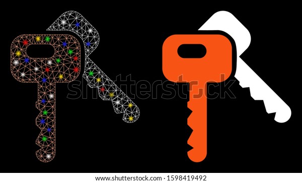 Flare mesh car keys\
icon with glare effect. Abstract illuminated model of car keys.\
Shiny wire carcass triangular mesh car keys icon. Vector\
abstraction on a black\
background.