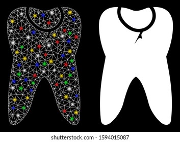 Flare mesh caries tooth icon with glow effect. Abstract illuminated model of caries tooth. Shiny wire frame polygonal mesh caries tooth icon. Vector abstraction on a black background.