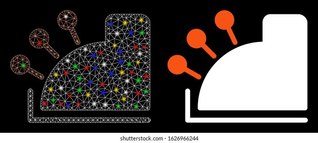 Flare mesh cash machine icon with sparkle effect. Abstract illuminated model of cash machine. Shiny wire frame triangular mesh cash machine icon. Vector abstraction on a black background.