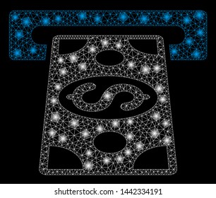 Flare mesh cash withdraw with glow effect. Abstract illuminated model of cash withdraw icon. Shiny wire carcass polygonal mesh cash withdraw. Vector abstraction on a black background.