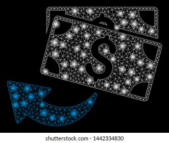 Flare mesh cashback with glare effect. Abstract illuminated model of cashback icon. Shiny wire frame polygonal mesh cashback. Vector abstraction on a black background.