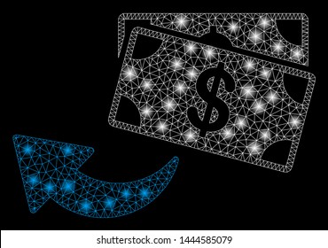 Flare mesh cashback with sparkle effect. Abstract illuminated model of cashback icon. Shiny wire frame triangular mesh cashback. Vector abstraction on a black background.