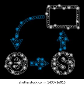 Flare mesh cashflow Euro exchange with lightspot effect. Abstract illuminated model of cashflow Euro exchange icon. Shiny wire carcass triangular mesh cashflow Euro exchange.