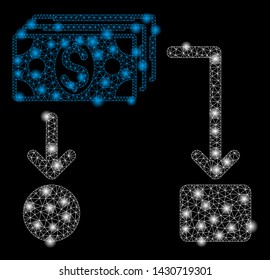 Flare Mesh Cashflow With Glow Effect. Abstract Illuminated Model Of Cashflow Icon. Shiny Wire Carcass Polygonal Mesh Cashflow. Vector Abstraction On A Black Background.