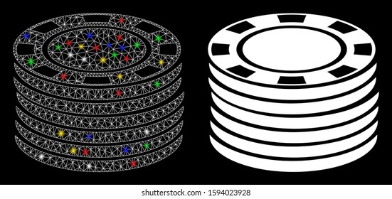 Flare mesh casino chip stack icon with glow effect. Abstract illuminated model of casino chip stack. Shiny wire frame triangular network casino chip stack icon.