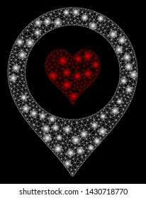 Flare mesh casino map marker with glare effect. Abstract illuminated model of casino map marker icon. Shiny wire carcass triangular mesh casino map marker. Vector abstraction on a black background.