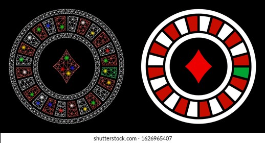 Flare mesh casino roulette icon with glare effect. Abstract illuminated model of casino roulette. Shiny wire frame polygonal mesh casino roulette icon. Vector abstraction on a black background.