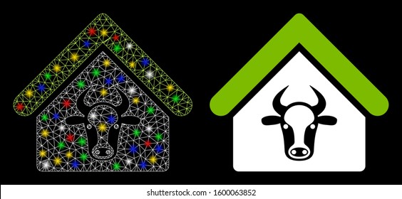 Flare mesh cattle farm icon with glare effect. Abstract illuminated model of cattle farm. Shiny wire carcass triangular network cattle farm icon. Vector abstraction on a black background.