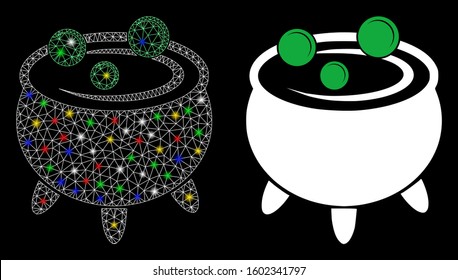 Flare mesh cauldron icon with glitter effect. Abstract illuminated model of cauldron. Shiny wire carcass triangular mesh cauldron icon. Vector abstraction on a black background.