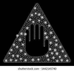 Flare mesh caution with glare effect. Abstract illuminated model of caution icon. Shiny wire carcass triangular mesh caution. Vector abstraction on a black background.