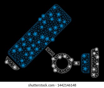 Flare mesh CCTV camera with glow effect. Abstract illuminated model of CCTV camera icon. Shiny wire frame triangular mesh CCTV camera. Vector abstraction on a black background.