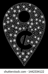 Flare mesh cent map marker with glare effect. Abstract illuminated model of cent map marker icon. Shiny wire frame polygonal mesh cent map marker. Vector abstraction on a black background.