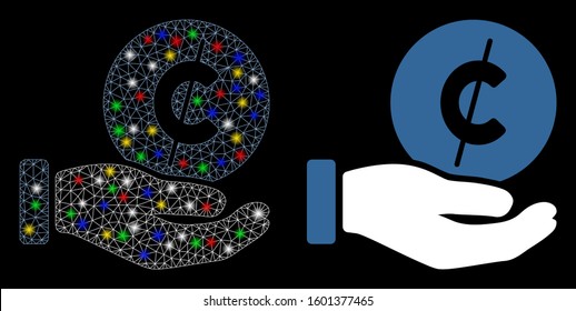 Flare mesh cent payment hand icon with lightspot effect. Abstract illuminated model of cent payment hand. Shiny wire frame polygonal mesh cent payment hand icon.