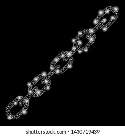 Flare mesh chain with sparkle effect. Abstract illuminated model of chain icon. Shiny wire frame polygonal mesh chain. Vector abstraction on a black background.
