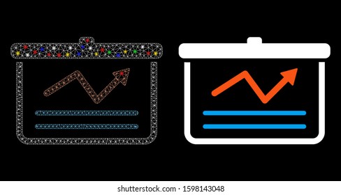 Flare mesh chart icon with glare effect. Abstract illuminated model of chart. Shiny wire frame triangular mesh chart icon. Vector abstraction on a black background.