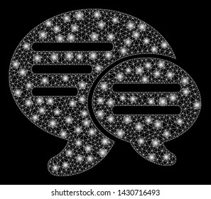 Flare mesh chat with glare effect. Abstract illuminated model of chat icon. Shiny wire frame triangular mesh chat. Vector abstraction on a black background.