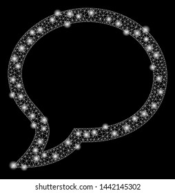 Flare mesh chat with glow effect. Abstract illuminated model of chat icon. Shiny wire frame polygonal mesh chat. Vector abstraction on a black background.