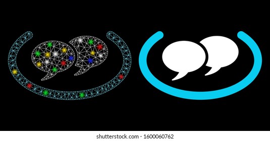 Flare mesh chat messages icon with sparkle effect. Abstract illuminated model of chat messages. Shiny wire carcass triangular mesh chat messages icon. Vector abstraction on a black background.