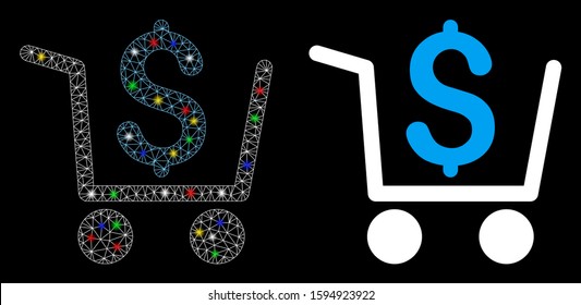 Flare mesh checkout icon with glow effect. Abstract illuminated model of checkout. Shiny wire carcass triangular mesh checkout icon. Vector abstraction on a black background.