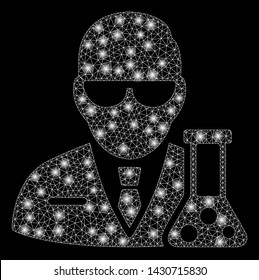 Flare mesh chemical scientist with sparkle effect. Abstract illuminated model of chemical scientist icon. Shiny wire carcass polygonal mesh chemical scientist.