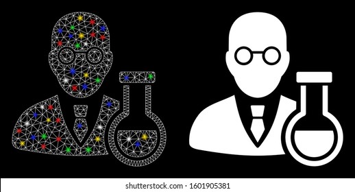 Flare mesh chemist icon with glare effect. Abstract illuminated model of chemist. Shiny wire carcass triangular mesh chemist icon. Vector abstraction on a black background.