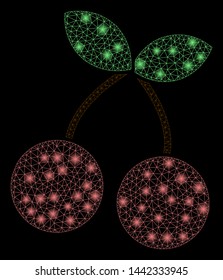 Flare mesh cherry with glare effect. Abstract illuminated model of cherry icon. Shiny wire carcass triangular network cherry. Vector abstraction on a black background.