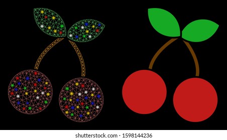 Flare mesh cherry icon with glare effect. Abstract illuminated model of cherry. Shiny wire frame triangular mesh cherry icon. Vector abstraction on a black background.
