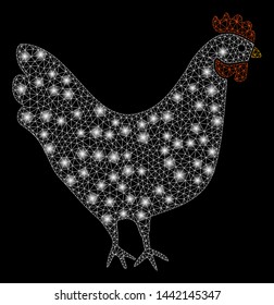 Flare mesh chicken with glare effect. Abstract illuminated model of chicken icon. Shiny wire frame polygonal mesh chicken. Vector abstraction on a black background.
