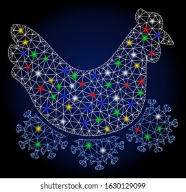 Flare mesh chicken virus with glitter effect. Abstract illuminated model of chicken virus. Shiny wire carcass polygonal mesh chicken virus icon. Vector abstraction on a dark blue gradient background.