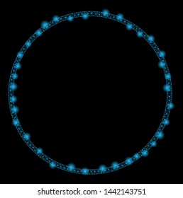 Flare mesh circle frame with glare effect. Abstract illuminated model of circle frame icon. Shiny wire frame polygonal mesh circle frame. Vector abstraction on a black background.