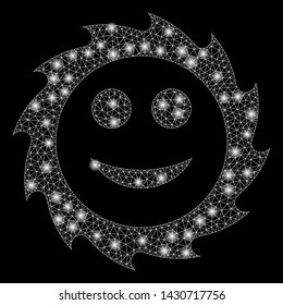 Flare mesh circular blade smile with sparkle effect. Abstract illuminated model of circular blade smile icon. Shiny wire carcass triangular mesh circular blade smile.