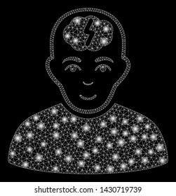 Flare mesh clever boy with lightspot effect. Abstract illuminated model of clever boy icon. Shiny wire carcass polygonal mesh clever boy. Vector abstraction on a black background.
