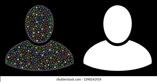 Flare mesh client icon with glitter effect. Abstract illuminated model of client. Shiny wire frame polygonal mesh client icon. Vector abstraction on a black background.