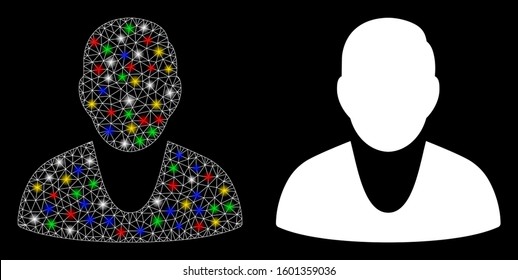 Flare mesh client icon with sparkle effect. Abstract illuminated model of client. Shiny wire carcass triangular network client icon. Vector abstraction on a black background.