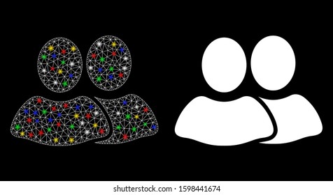 Flare mesh clients icon with glitter effect. Abstract illuminated model of clients. Shiny wire frame polygonal mesh clients icon. Vector abstraction on a black background.