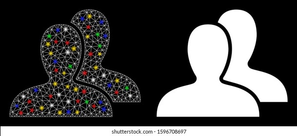 Flare mesh clients icon with lightspot effect. Abstract illuminated model of clients. Shiny wire frame polygonal mesh clients icon. Vector abstraction on a black background.