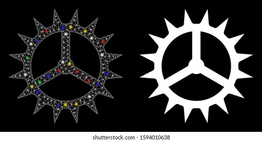 Flare mesh clock cog icon with glow effect. Abstract illuminated model of clock cog. Shiny wire frame triangular mesh clock cog icon. Vector abstraction on a black background.