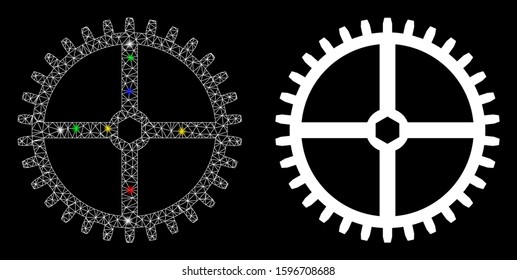 Flare mesh clock gear icon with sparkle effect. Abstract illuminated model of clock gear. Shiny wire carcass polygonal mesh clock gear icon. Vector abstraction on a black background.
