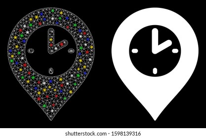 Flare mesh clock marker icon with lightspot effect. Abstract illuminated model of clock marker. Shiny wire frame triangular mesh clock marker icon. Vector abstraction on a black background.