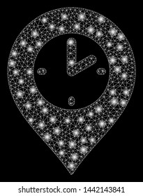 Flare mesh clock marker with lightspot effect. Abstract illuminated model of clock marker icon. Shiny wire frame triangular network clock marker. Vector abstraction on a black background.