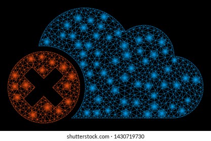 Flare mesh close cloud with sparkle effect. Abstract illuminated model of close cloud icon. Shiny wire carcass polygonal network close cloud. Vector abstraction on a black background.