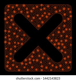 Flare mesh close with glitter effect. Abstract illuminated model of close icon. Shiny wire frame triangular mesh close. Vector abstraction on a black background.