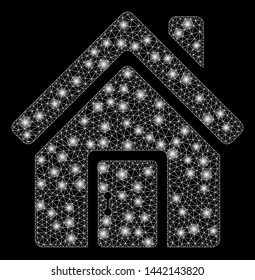 Flare mesh closed house door with glitter effect. Abstract illuminated model of closed house door icon. Shiny wire frame polygonal mesh closed house door. Vector abstraction on a black background.