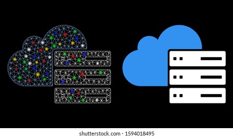 Flare mesh cloud computing icon with glare effect. Abstract illuminated model of cloud computing. Shiny wire frame triangular network cloud computing icon. Vector abstraction on a black background.