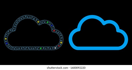Flare mesh cloud contour icon with glitter effect. Abstract illuminated model of cloud contour. Shiny wire carcass triangular mesh cloud contour icon. Vector abstraction on a black background.