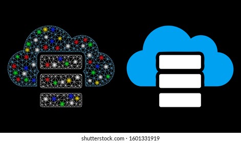 Flare mesh cloud database icon with sparkle effect. Abstract illuminated model of cloud database. Shiny wire frame triangular mesh cloud database icon. Vector abstraction on a black background.