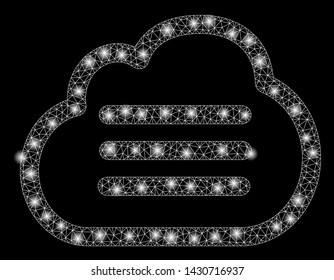 Flare mesh cloud file with glare effect. Abstract illuminated model of cloud file icon. Shiny wire frame polygonal mesh cloud file. Vector abstraction on a black background.