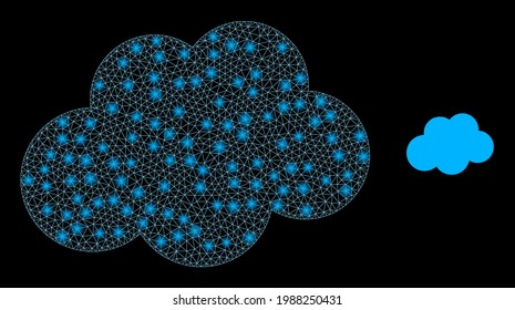 Flare mesh cloud with glowing spots. Vector model generated from cloud icon. Sparkle frame mesh cloud on a black background.